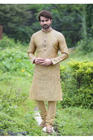 Gold Color Jacquard And Art Silk Fabric Kurta Set